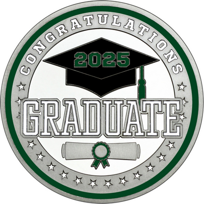White "Congratulations Graduate" with Dark Green 2025, Rim, Tassel & Ribbon